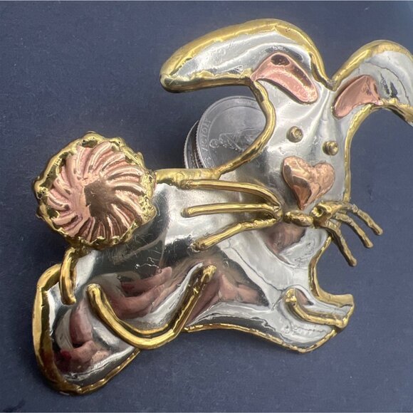 Bunny Rabbit Brooch Pendant Signed SJ Christmas Ornament Nursery Decor Tri tone - Picture 3 of 8